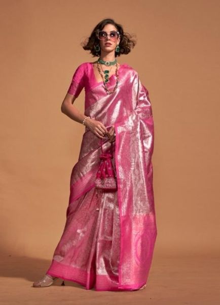 Pink Kanjivaram Woven Silk Saree For Traditional / Religious Occasions