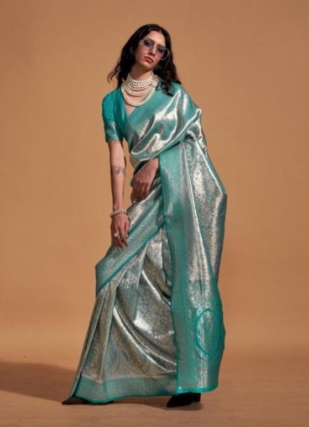 Teal Blue Kanjivaram Woven Silk Saree For Traditional / Religious Occasions