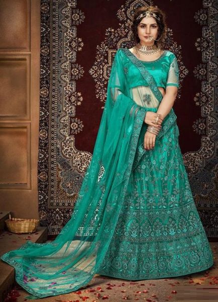 Teal Blue Net & Silk With Can-Can Party Wear Lehenga Choli