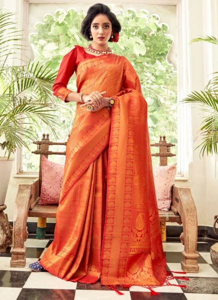 Golden Red Soft Handloom Weaving Silk Saree