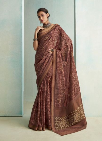 Coffee Brown Pure Jute Printed Handloom Saree For Traditional / Religious Occasions
