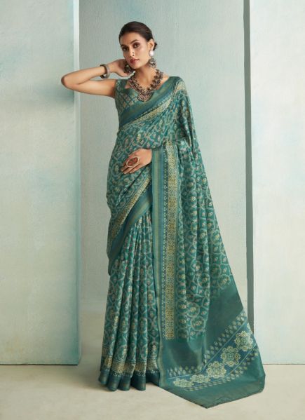 Teal Blue Pure Jute Printed Handloom Saree For Traditional / Religious Occasions