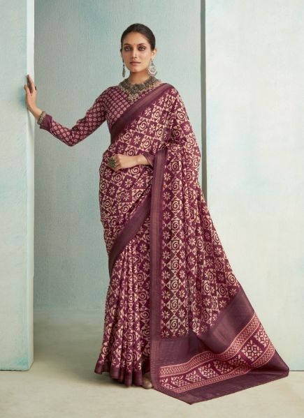 Purple Pure Jute Printed Handloom Saree For Traditional / Religious Occasions