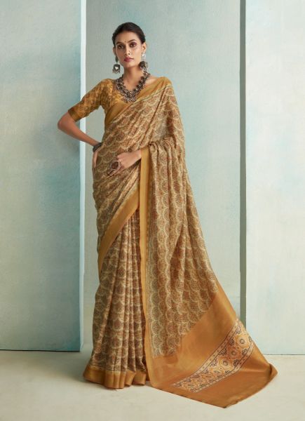 Creamy Yellow Pure Jute Printed Handloom Saree For Traditional / Religious Occasions