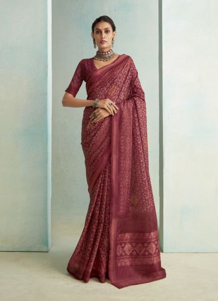 Wine Red Pure Jute Printed Handloom Saree For Traditional / Religious Occasions