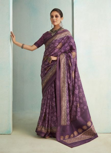 Violet Pure Jute Printed Handloom Saree For Traditional / Religious Occasions