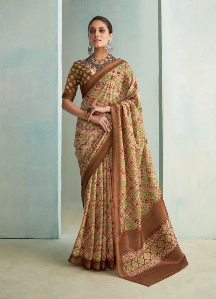 Light Brown Pure Jute Printed Handloom Saree For Traditional / Religious Occasions