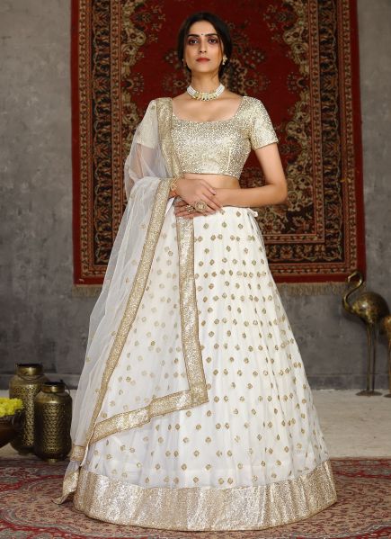 White Net With Sequins & Embroidery Work Lehenga Choli