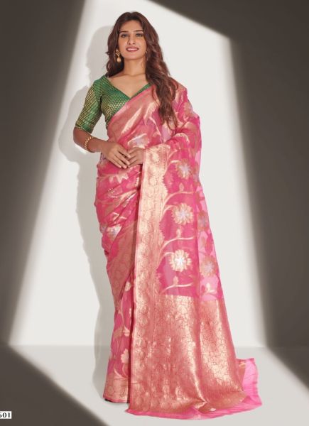 Pink Soft Banarasi Organza Weaving Saree