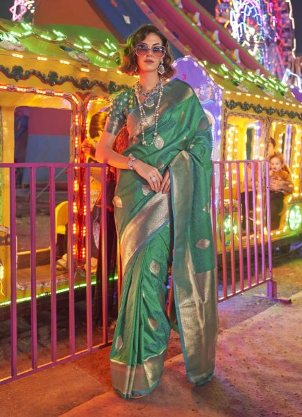 Sea Green Woven Handloom Silk Saree For Traditional / Religious Occasions