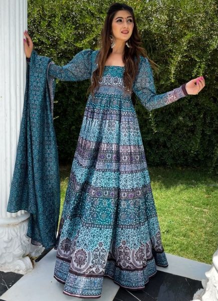 Blue Chanderi Readymade Gown with Dupatta