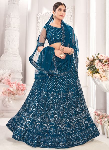 Teal Blue Net Lehenga Choli (With Can-Can Attached)