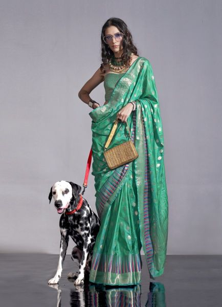 Sea Green Woven Silk Handloom Saree For Traditional / Religious Occasions