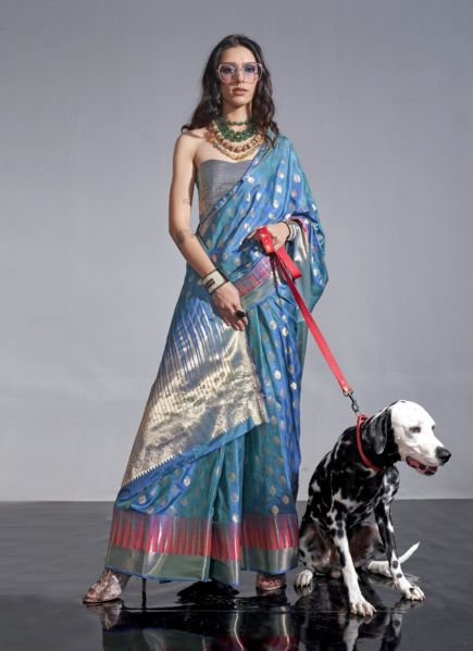 Steel Blue Woven Silk Handloom Saree For Traditional / Religious Occasions