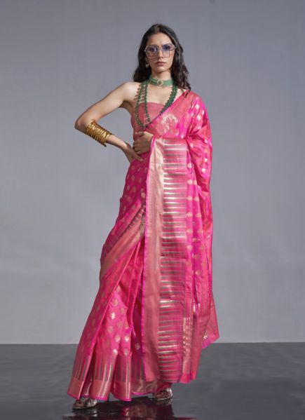 Dark Pink Woven Silk Handloom Saree For Traditional / Religious Occasions
