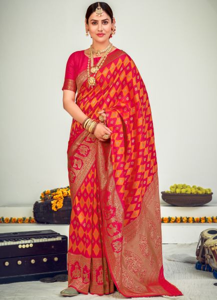 Crimson Red & Orange Banarasi Silk Zari Weaving Saree