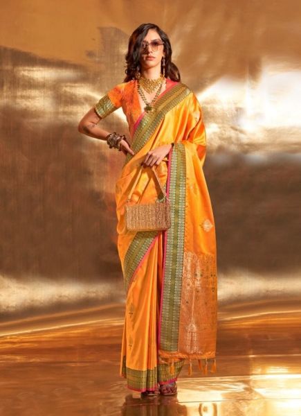 Orange Woven Handloom Satin Silk Saree For Traditional / Religious Occasions