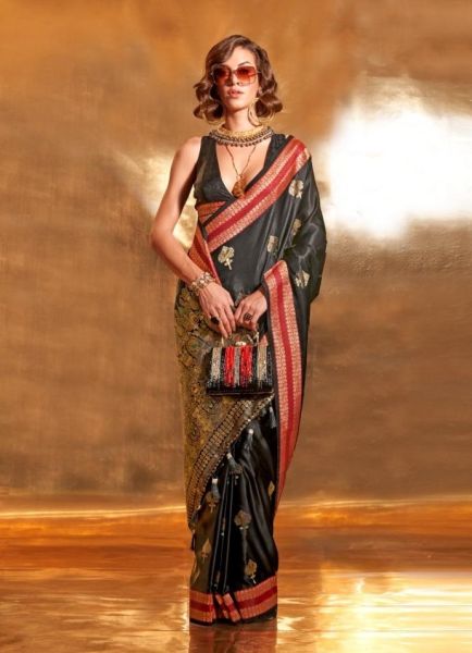 Black Woven Handloom Satin Silk Saree For Traditional / Religious Occasions