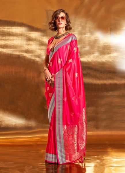 Pink Woven Handloom Satin Silk Saree For Traditional / Religious Occasions