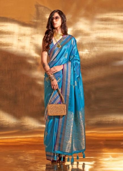 Sky Blue Woven Handloom Satin Silk Saree For Traditional / Religious Occasions