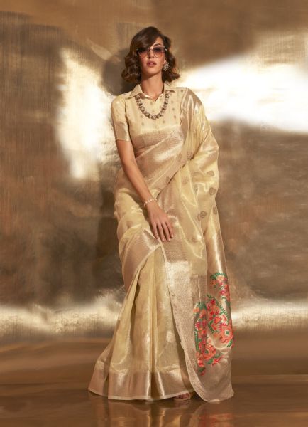 Cream Tissue Woven Saree For Traditional / Religious Occasions