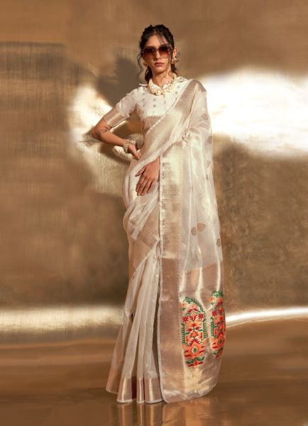 White Tissue Woven Saree For Traditional / Religious Occasions