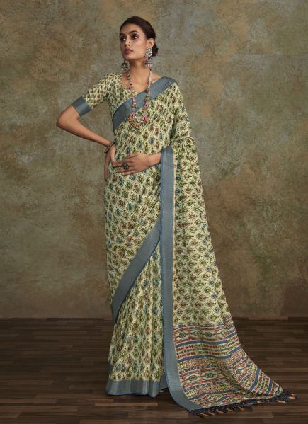 Light Sage Green Handloom Silk Digitally Printed Saree For Kitty Parties