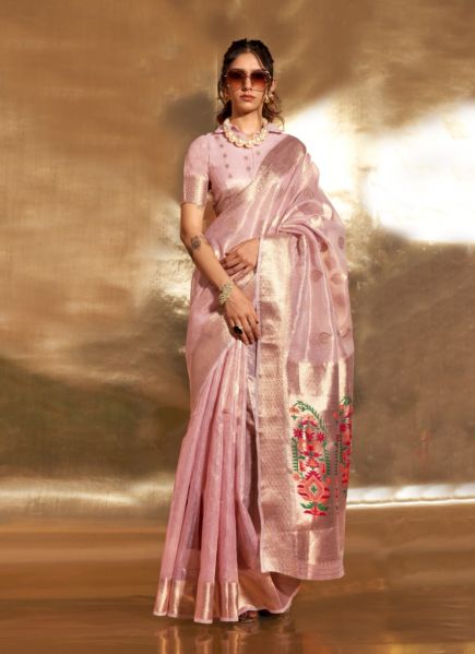 Pink Tissue Woven Saree For Traditional / Religious Occasions