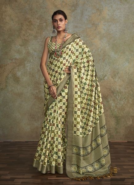 Light Green Handloom Silk Digitally Printed Saree For Kitty Parties