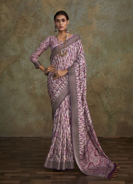 Lavender Handloom Silk Digitally Printed Saree For Kitty Parties