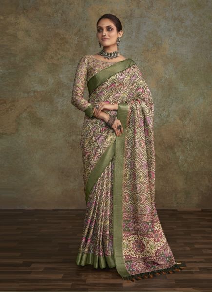 Multicolor Handloom Silk Digitally Printed Saree For Kitty Parties