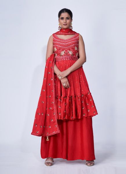 Red Chiffon Thread-Work Party-Wear Palazzo-Bottom Readymade Salwar Kameez