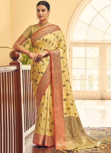 Creamy Yellow Tussar Silk Weaving Saree
