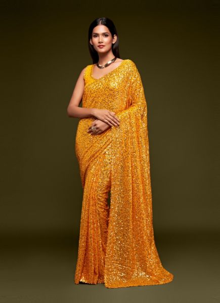 Yellow Georgette With Sequins Work Saree