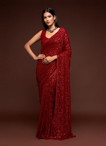 Red Georgette With Sequins Work Saree