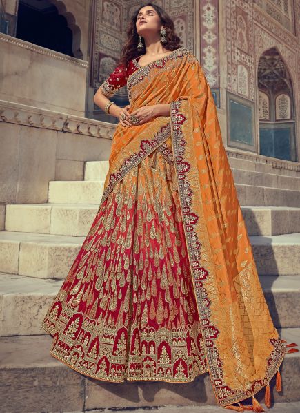 Red & Orange Banarasi Silk With Jacqard Weaving Wedding Lehenga Choli