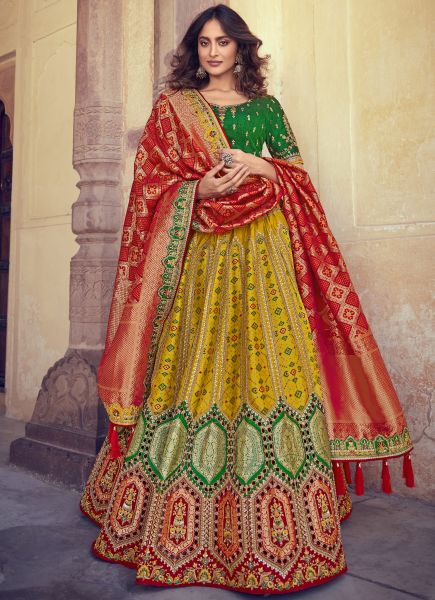 Mustard Yellow Banarasi Silk With Jacqard Weaving Wedding Lehenga Choli