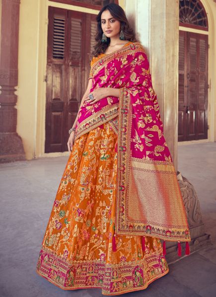 Orange Banarasi Silk With Jacqard Weaving Wedding Lehenga Choli