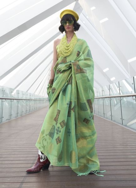 Light Green Tissue Zari Woven Silk Party-Wear Saree