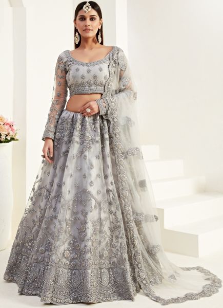 Light Gray Net With Silk Satin Wedding Lehenga Choli