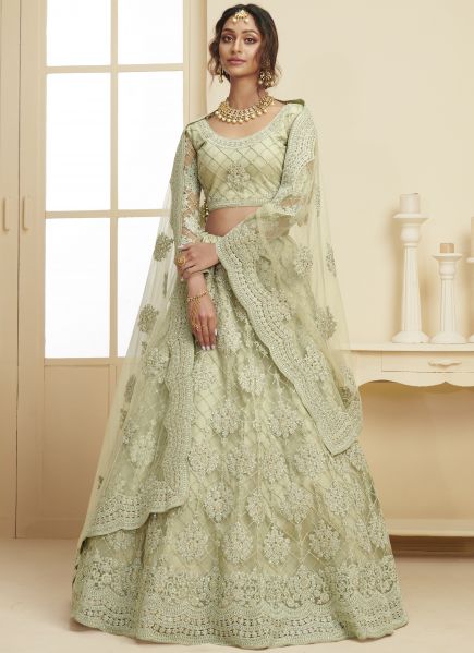 Pista Green Net With Silk Satin 2 Layer Inner Wedding Lehenga Choli (With Can Can)