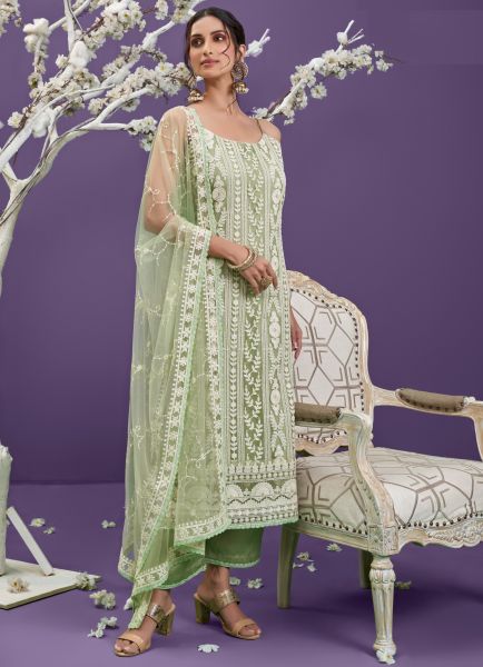 Sage Green Net With Cotton Lucknowi Work Salwar Kameez