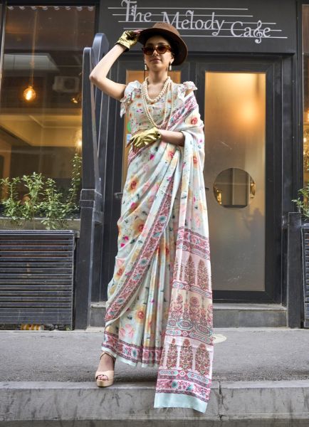 Light Celadon Satin Georgette Digitally Printed Carnival Saree For Kitty Parties