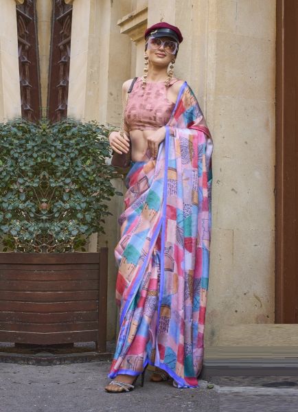 Multicolor Satin Georgette Digitally Printed Carnival Saree For Kitty Parties
