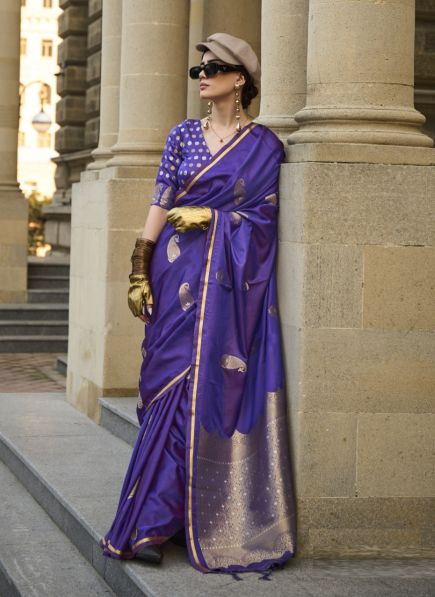Violet Satin Woven Silk Party-Wear Handloom Saree