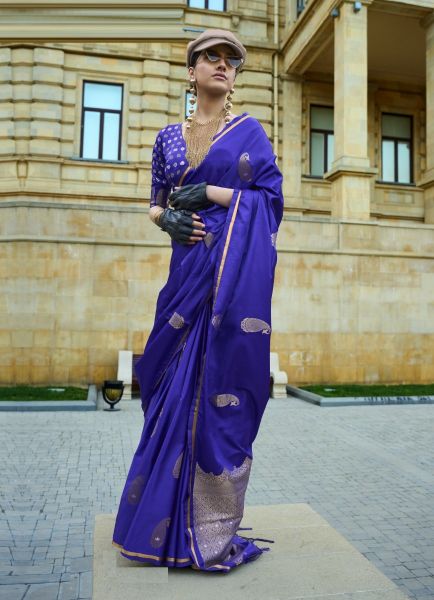 Violet Blue Satin Woven Silk Party-Wear Handloom Saree