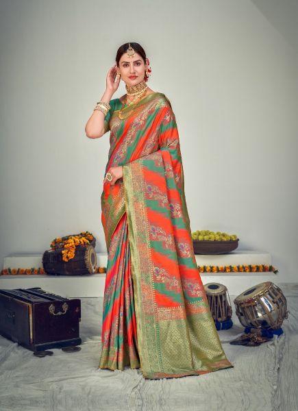 Orange & Green Banarasi Silk Zari Weaving Saree