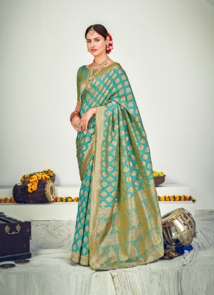 Aqua Banarasi Silk Zari Weaving Saree