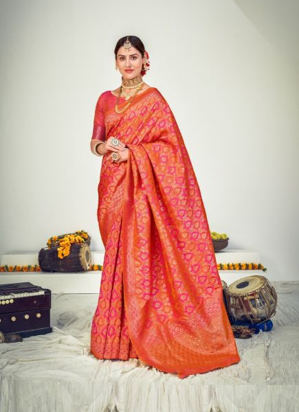 Deep Pink & Coral Banarasi Silk Zari Weaving Saree