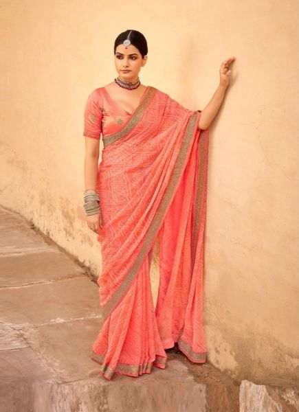 Salmon Georgette With Embroidery Work Fashionable Saree